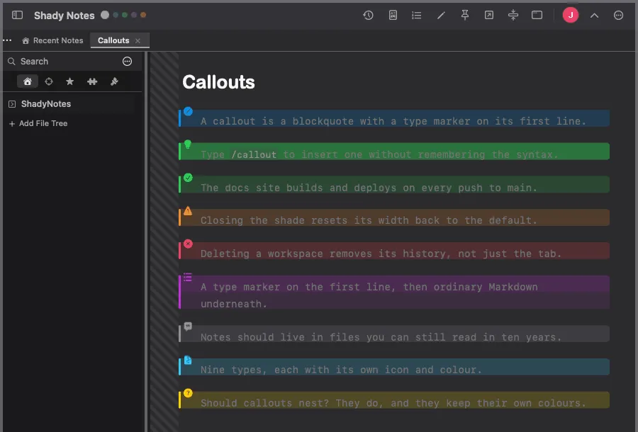 Callouts — Obsidian-style > [!TIP] blocks, nine types, each with its own icon.
