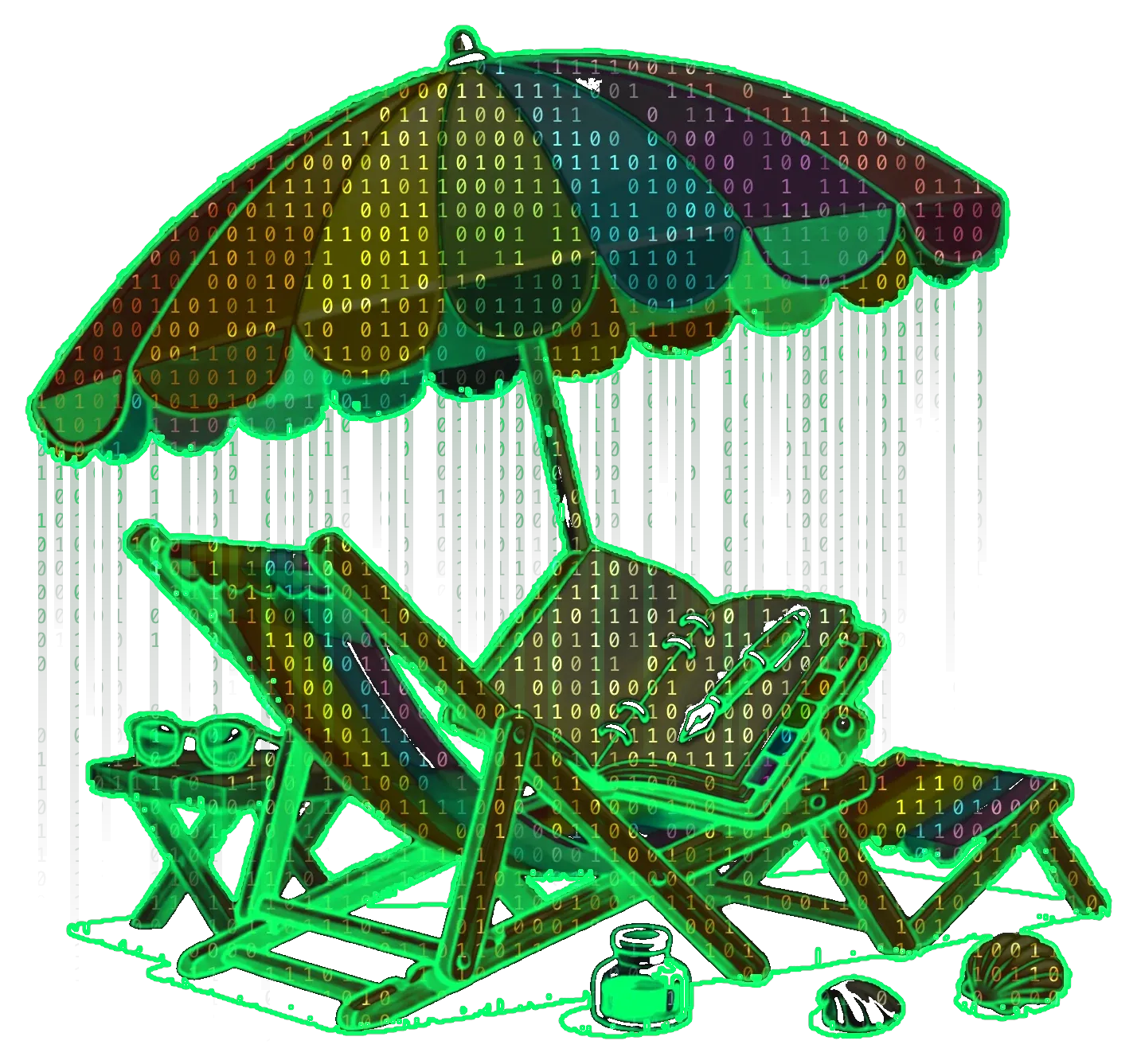 Shady Notes: a beach umbrella shading a deck chair with an open notebook and pen, drawn as glowing green neon code
