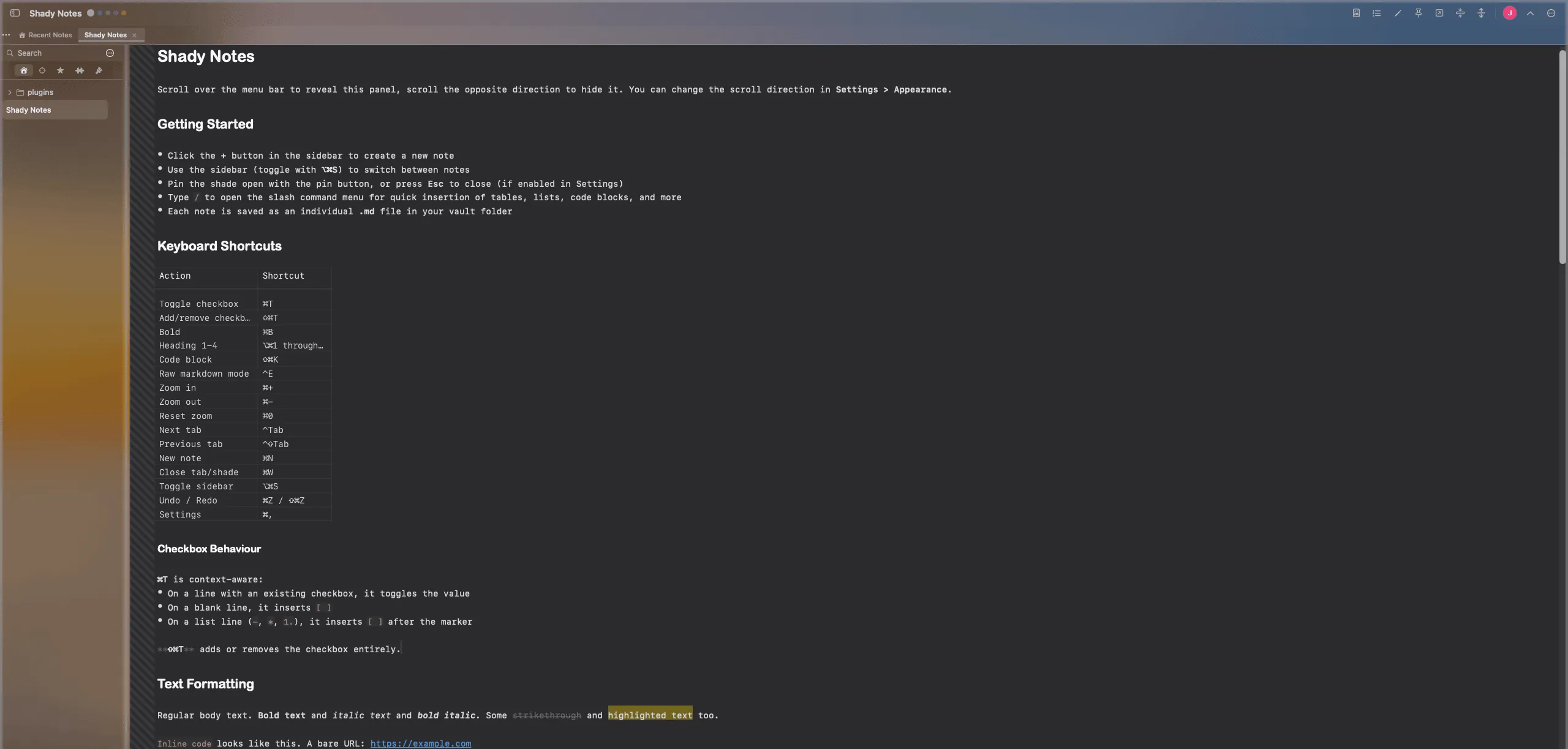The shade — Sidebar, tabs and a live markdown editor, hanging under the menu bar.